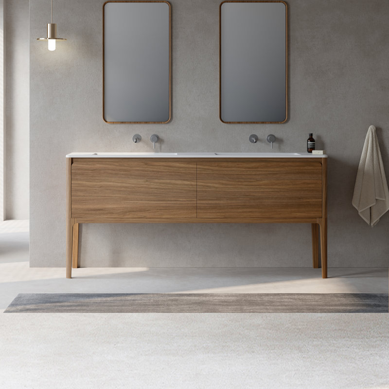 Ensemble de meuble-lavabo autoportant à 2 tiroirs de l 72 po x P 19 po Elliana en noyer avec comptoir à surface solide blanc mat et pieds en bois