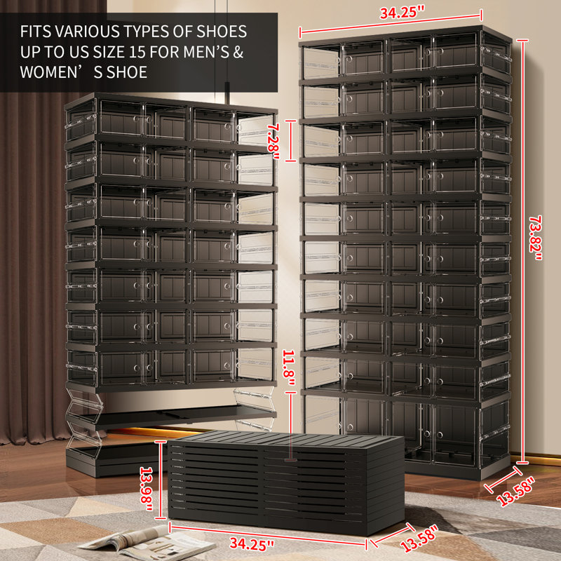 10-Tier 20-40 Pairs Plastic Stackable Shoe Storage Cabinet For Entryway Easy Assembly, Black