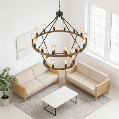 Grand lustre en roue de chariot à deux niveaux de 43,3 pouces avec 24 lumières, bois de chêne rustique et luminaire campagnard en métal noir pour salon à plafond haut, salle à manger ou vestibule
