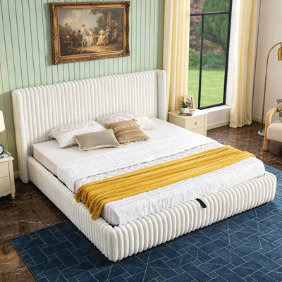 Lit double luxueux rembourré en fourrure de lapin avec rangement à vérin à gaz, conception à rayures verticales pour un confort moderne