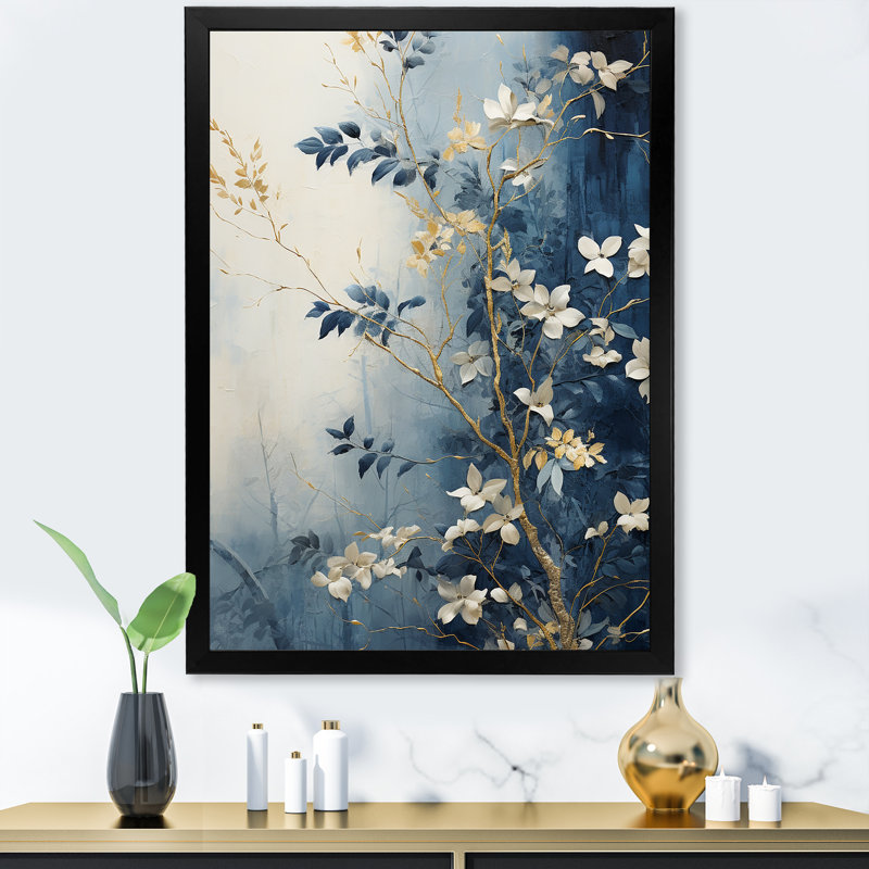 «Abstract Gold and Blue Botanical», reproduction sur toile, Cadre simple noir, H 32 po x l 16 po x P 1 po