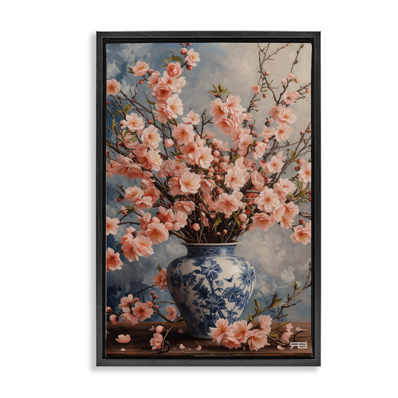 Toile flottante encadrée détaillée "Cherry Blossom" par Roozbeh Bahramali, H 25 po x l 17 po, Cadre flottant noir de jais