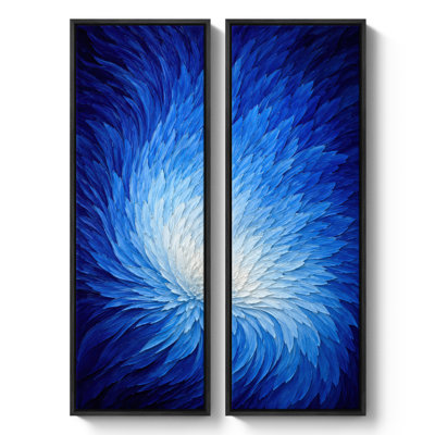 Cobalt Blue Feather Petal Swirl Abstract Modern Decor – Set of 2 Framed Wall Art Print on Canvas 60"x20"x2
