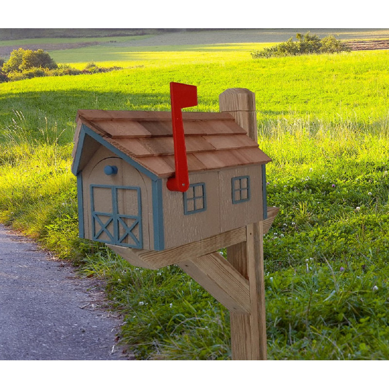 Amish Mailbox + Post Set, White, Clay/Blue