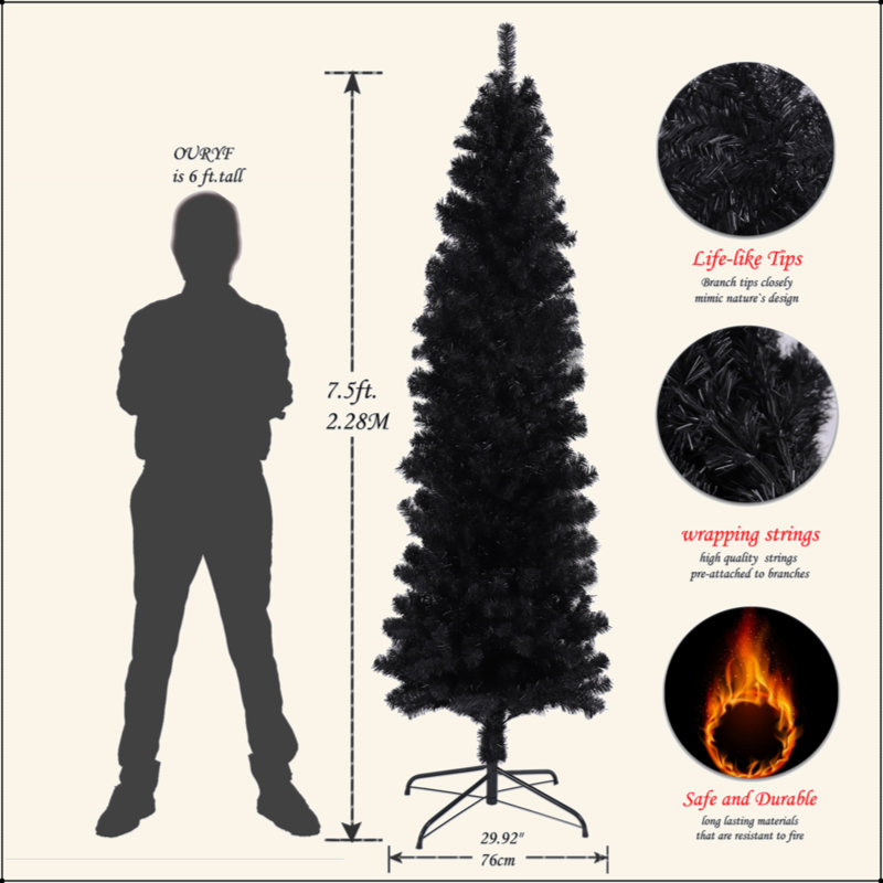 Arbre de Noël artificiel noir 7,5 pi avec support pliable en métal, Noir