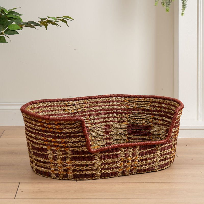 Red & Natural Check Woven Pet Bed with mat, 24cm H x 64cm W x 42cm D, Small (11 -25 lbs)