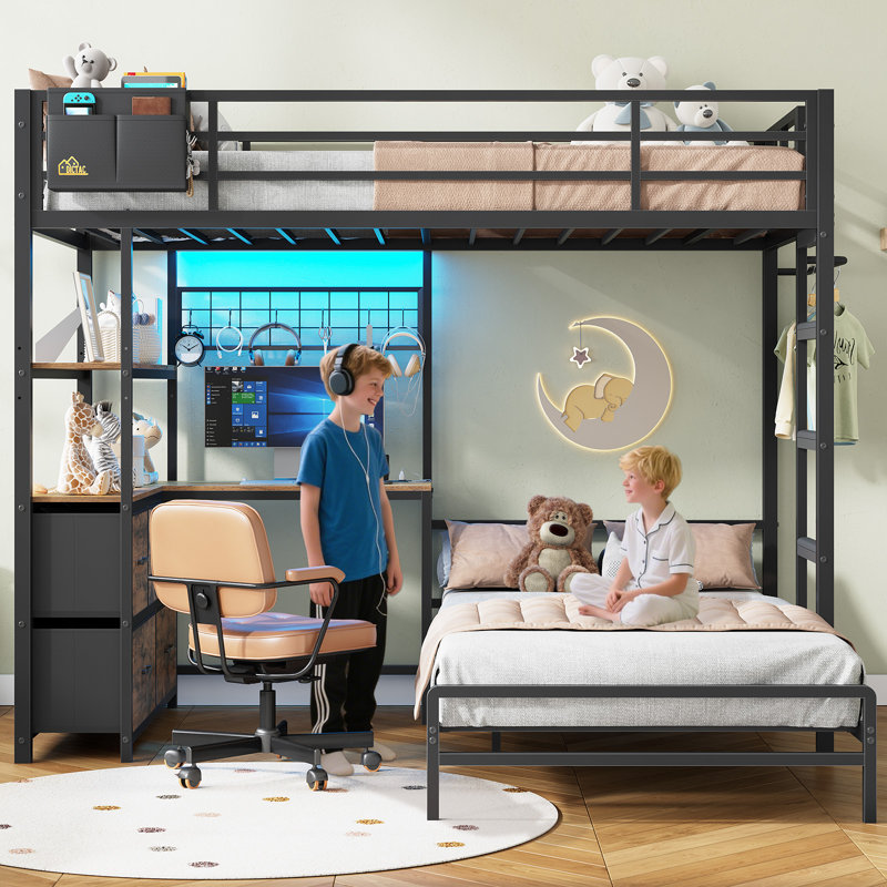 Bunk Bed With L-shaped Desk,loft Bed Frame With Led Lights And Charging Station,metal Twin Xl Over Twin Bunk Bed With 5 Storage Drawers & 2 Shelves,bunk Beds With Safety Guardrail & Ladder