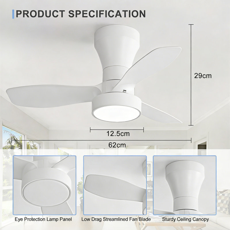 LED Ceiling Fan Light With Remote, Compact Fan, White