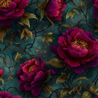 Papier peint floral, sarcelle, décoration murale rétro