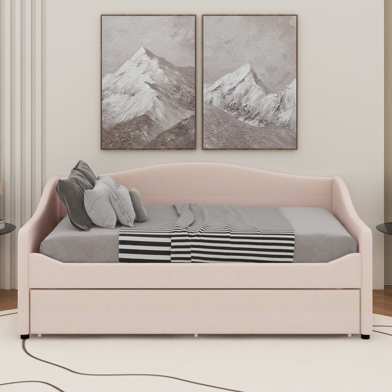 Lit de jour simple tapissier avec lumière et lit gigogne, Beige