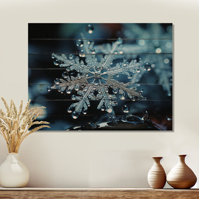 Blue Snowflake Holiday III - Winter Landscape On Wood Print