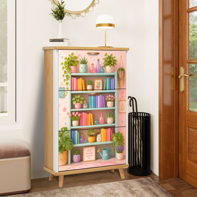 Étagère à chaussures minimaliste colorée avec des objets décoratifs mignons et un meuble de rangement pour chaussures en pastel avec 3 tiroirs rabattables
