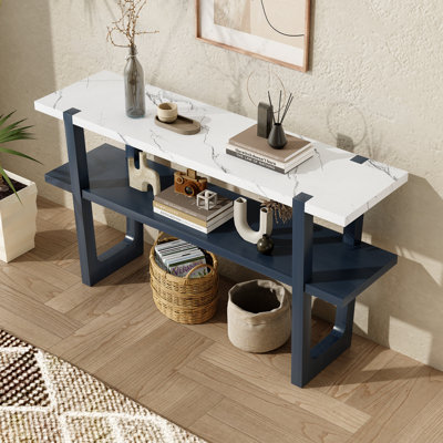 Console étroite avec plateau en marbre, table de hall d'entrée rétro avec tablette ouverte, table de canapé pour le vestibule, le couloir et le salon