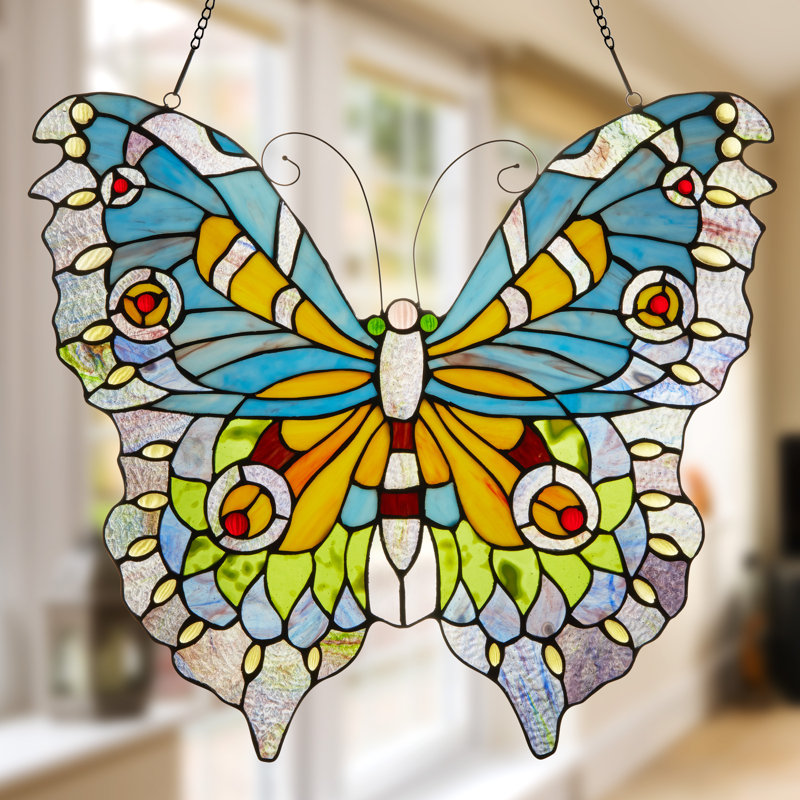 Panneau de vitrail à vitrail papillon 20,5 po H Tiffany