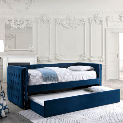 Daybed W Trundle Padded Button Tufted Upholstery Nailhead Trim Included Slat Kit