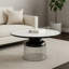 Table basse ronde avec plateau en marbre blanc et base en verre, table de salon avec bordure noire et design moderne, 34 po