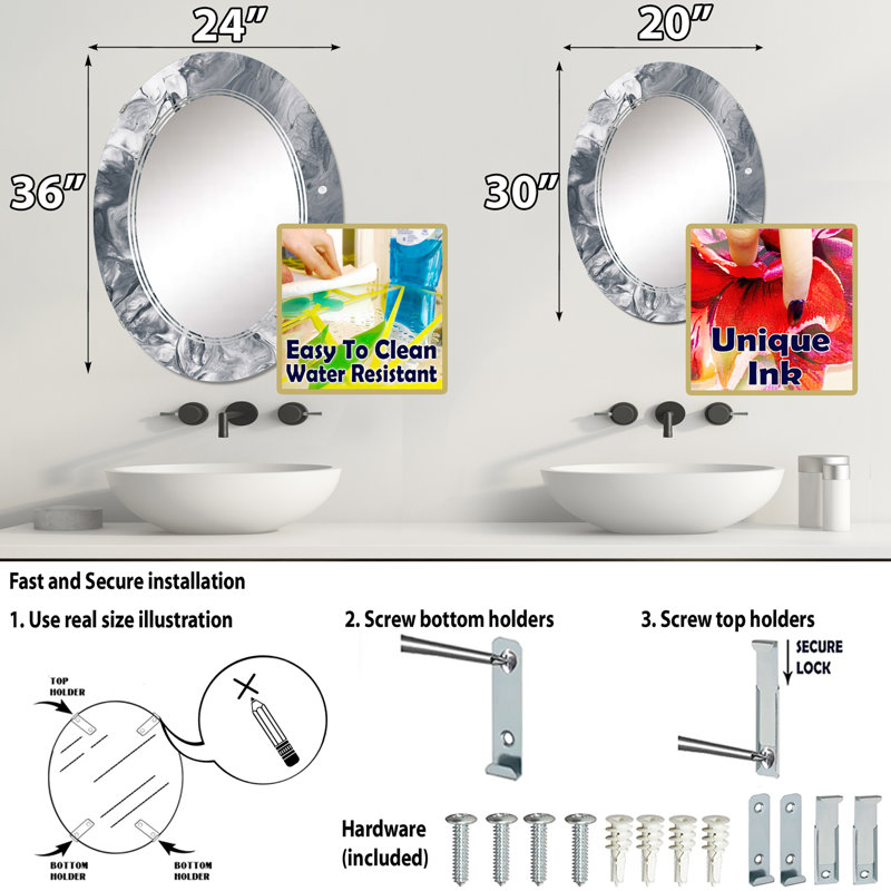 White Grey Liquid Marble Waves Wall Mirror, Modern Oval - White And Grey Liquid Marble Waves, 36" x 24"