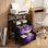 Table de chevet 2 tiroirs avec station de charge, table de chevet de chambre à coucher avec ports USB et prises de courant à tablette ouverte noire, table de chevet avec impression de ciel étoilé mauve