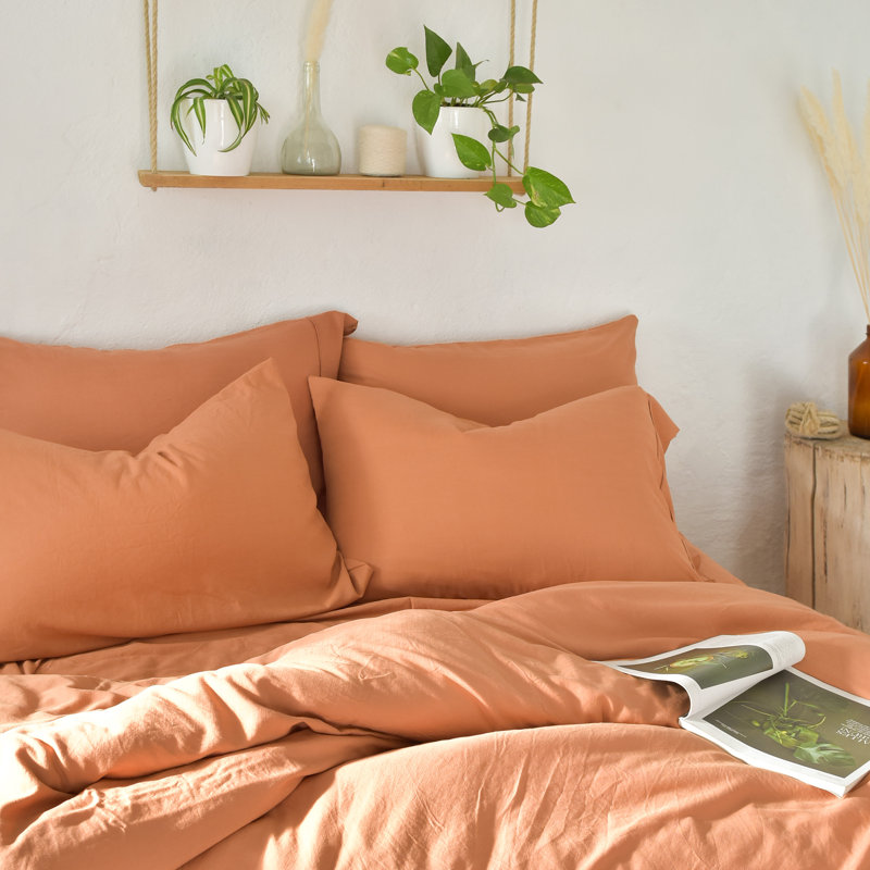 Ensemble de housse de couette en rayonne de bambou et lin, Très grand, Orange brûlé
