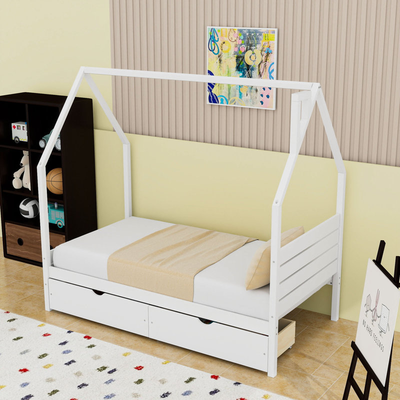 Lit en bois avec tiroirs de rangement, Lit simple, White