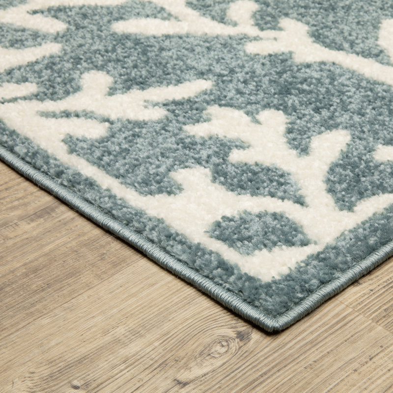 Hennings Botanical Border Blue/ Ivory Area Rug, Rectangle 5'3" x 7'