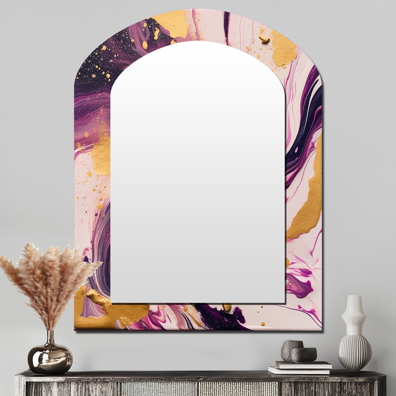 Konen Purple and Pink Strokes VIII - Fractals Arch Decorative Mirror, Modern Asymmetrical Large Wall Mirror, Printed Metal Art
