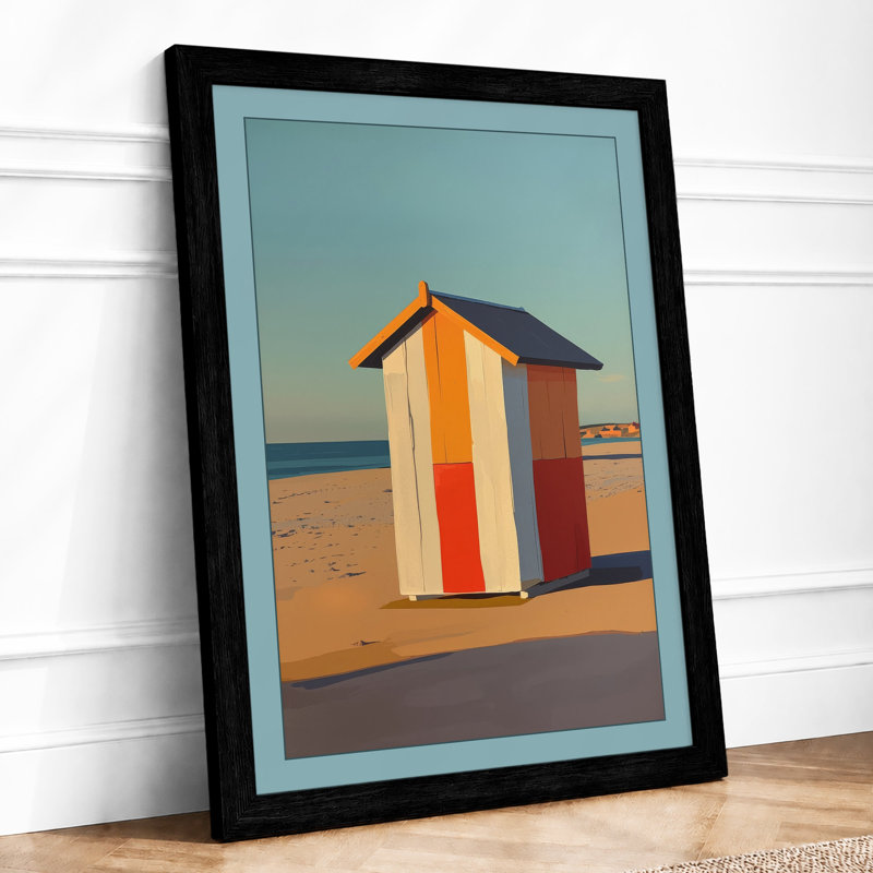 Striped Beach Hut Coastal - Framed Print, A2 - 59.4 x 42.0 cm, Black