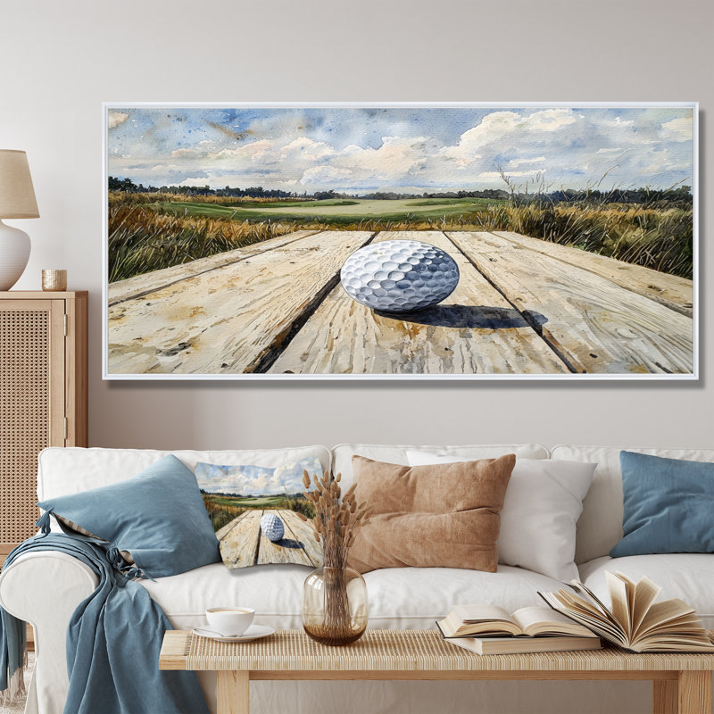 «Greens And Dreams Golf Course Landscape I», art mural golf, H 28 po x l 60 po, Floater Framed, Blanc