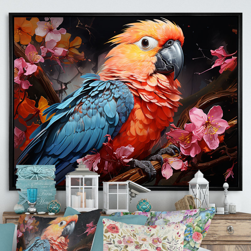 Perroquets Rhapsodie tropicale I, H 16 po x l 32 po x P 1 po, Cadre flottant noir