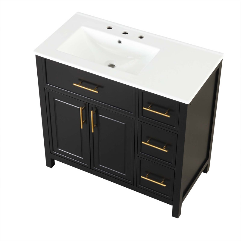 Meuble-lavabo 36 po avec comptoir d'évier, meuble-lavabo avec deux portes et trois tiroirs, bois massif, panneaux de fibres à densité moyenne
