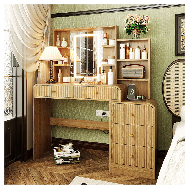 47.4" Vanity Desk with Lighted Mirror, Fluted Makeup Table with 5 Drawers & Open Shelves, Charging Station Included, Natural Finish