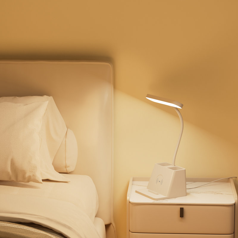 18" Table Lamp with Fast Wireless Charger for College Dorm Room, Adjustable LED Table Light for Home Office, White, Small, Cute