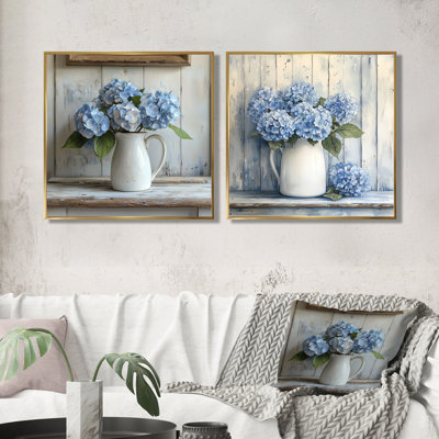 Minimalisme hortensias dans un pot à lait I - Art mural hortensia - Art mural traditionnel pour le salon 2 pièces