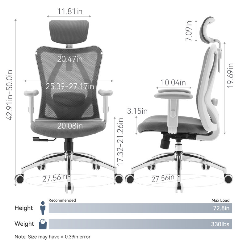 Ergonomic Office Chair, with Adjustable Headrest and Lumbar Support, High Back, Light Grey
