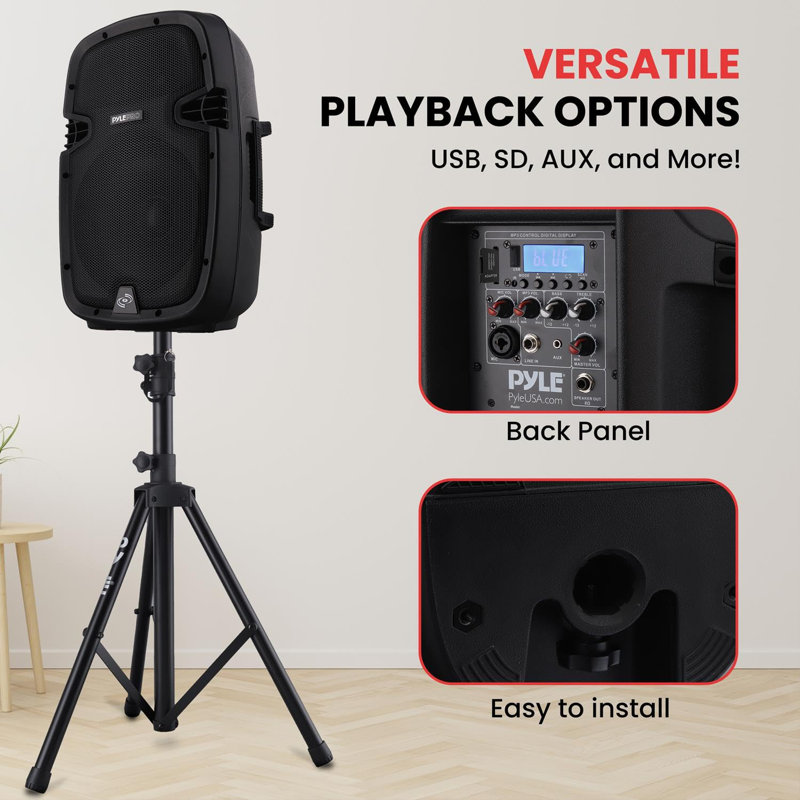 Système de sonorisation portatif sans fil Pyle - Haut-parleurs d'extérieur avec paire de haut-parleurs passifs et passifs compatibles Bluetooth 1000W W / USB SD MP3 AUX - Support 35 mm, 2 supports, microphone, télécommande - Pyle PPHP1049KT