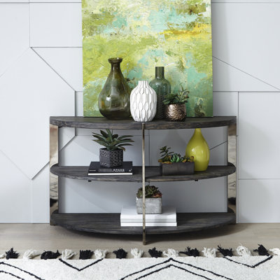 Console couleur anthracite, 2 tablettes, table en métal et en bois en forme de demi-lune, finition ouverte grise et espace de vie, chambre à coucher, vestibule