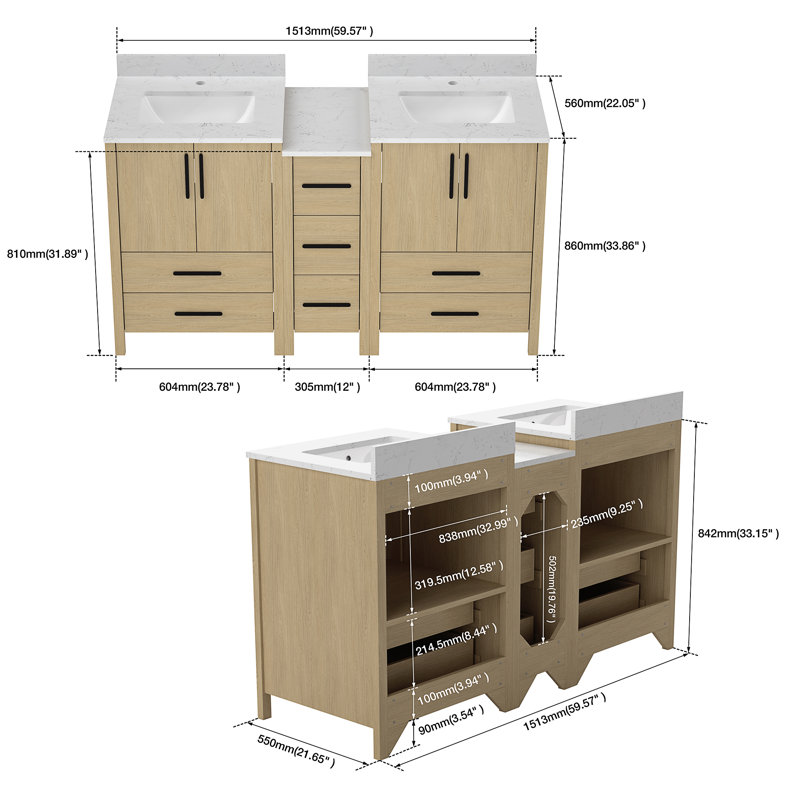60"W×22"D×34"H Double Sinks Bathroom Vanity Cabinet, 60"
