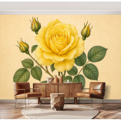 Papier peint adhésif, papier botanique, thé jaune, feuilles de rose et de fleurs, papier autocollant amovible, décoration murale pour salon, chambre à coucher H 69 po x l 96 po