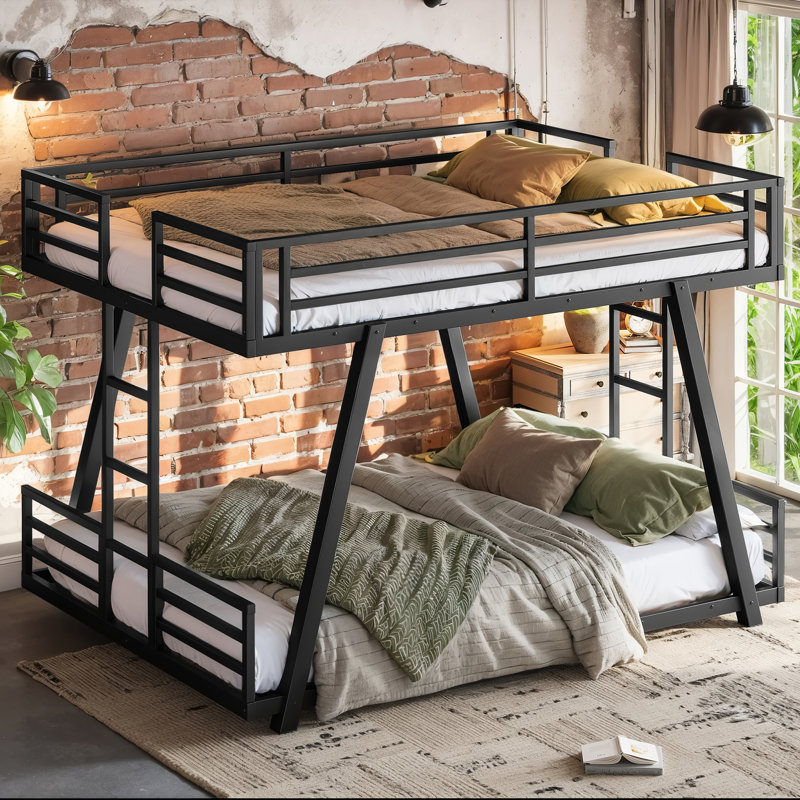 Structure de lit superposé en métal pour grand lit et grand lit avec échelle à 2 côtés et pieds de soutien spéciaux, pour les adolescents, lit superposé à profil bas avec lattes, aucun sommier requis, assemblage facile, pour la chambre à coucher, noir