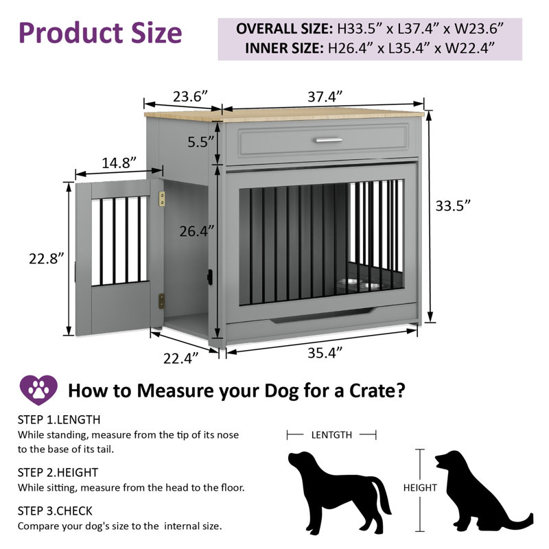 Large Dog Crate Furniture with Flip-up Door, Drawer, Grey