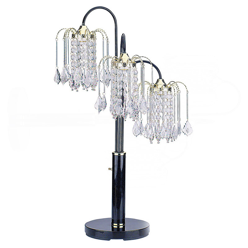 Grande lampe de table en métal avec finition, 3 lustres en cristal, Noir