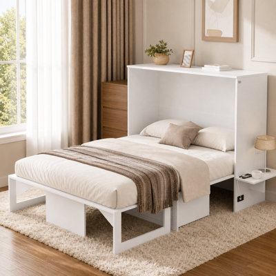 Modern Full Murphy Chest Bed with Large Storage Drawers, 2 Outlets, USB Ports & Bedside Table, White