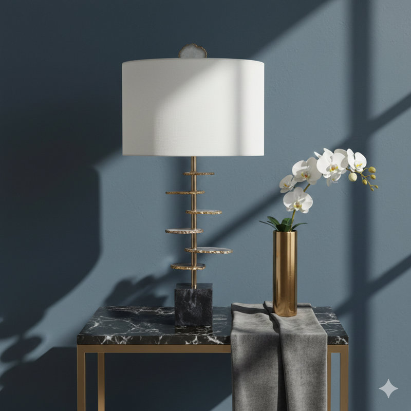 D14x29.5" Smoke Agate-Slice Table Lamp W/ Marble Base