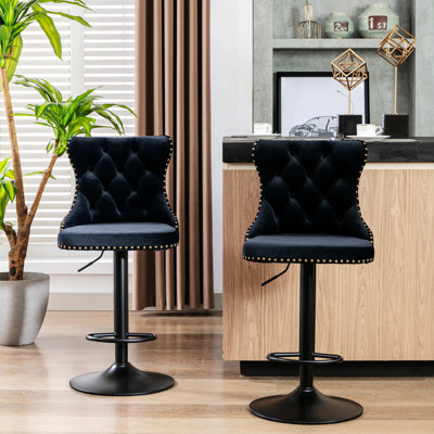 Tabourets de bar pivotants en velours à hauteur de siège réglable, tabourets de bar à base chromée avec dossier capitonné confortable pour bistro et îlot de cuisine, ensemble de 2