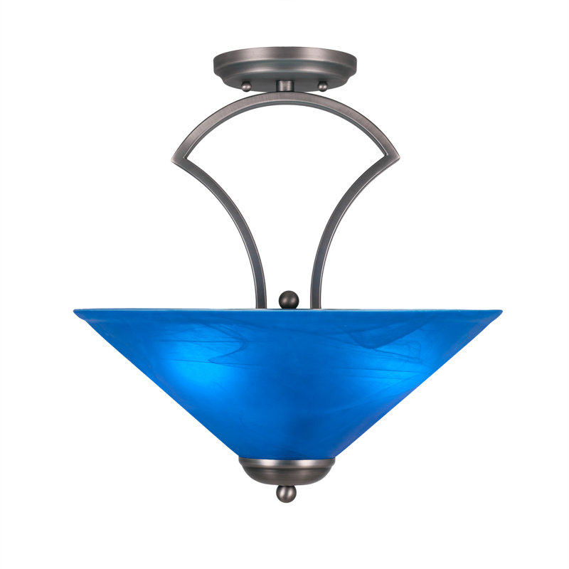 Zilo Semi-Flush 3-Bulbs Shown In Dark Granite Finish With 16" Blue Italian Glass, Graphite