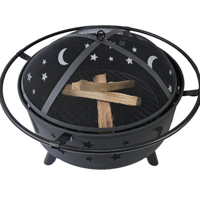 Extérieur noir de 32 po avec détails en forme d'étoile et de lune - Acier thermolaqué pour patio, cour, bord de piscine, couverture en étincelle, bûche, couverture, découpes de foyer en fer rouillé de 32 po, jardin inclus