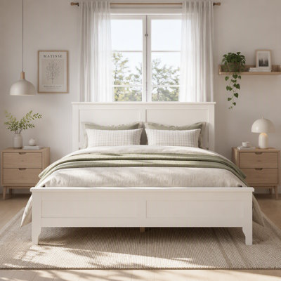 Queen Size Modern Solid Wood Platform Bed with Sturdy Wooden Slats Support, No Box Spring Needed, White
