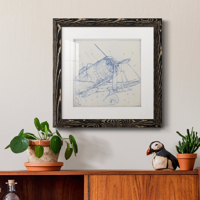 Croquis mécanique d'avion I-Premium, reproduction encadrée - prêt à être accroché, H 35,5 po x l 35,5 po x P 1,5 po, Blanc