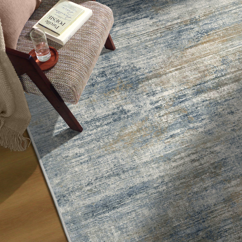 Tapis moderne abstrait - Tapis lavable à la machine antidérapant bleu gris et doré, tapis à poils courts pour animaux de compagnie