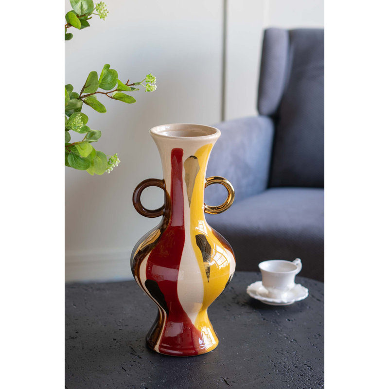Round Ceramic Vase with Abstract Multicolored Finish and Small Handles, 13.8" H X 6.4" W X 6.4" D, Yellow/Red